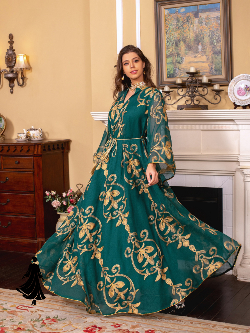 Arab Dubai Embroidered Mesh Maxi Dress – Elegant Evening Wear