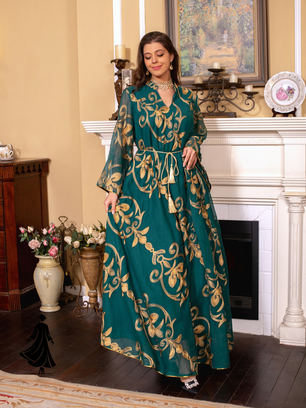 Arab Dubai Embroidered Mesh Maxi Dress – Elegant Evening Wear
