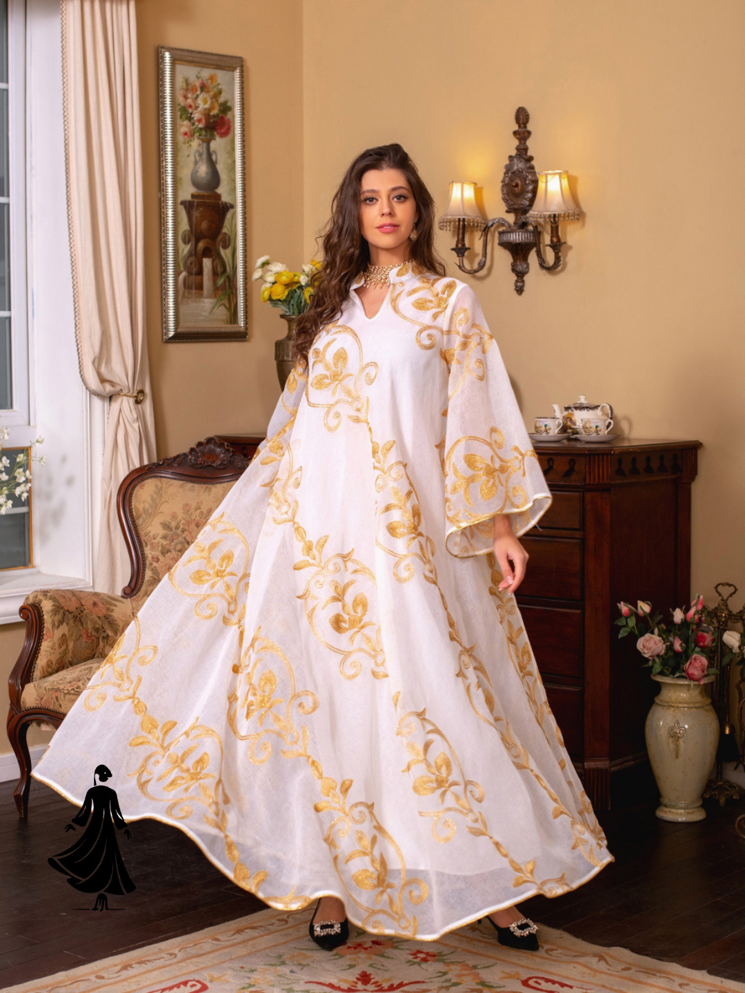 Arab Dubai Embroidered Mesh Maxi Dress – Elegant Evening Wear