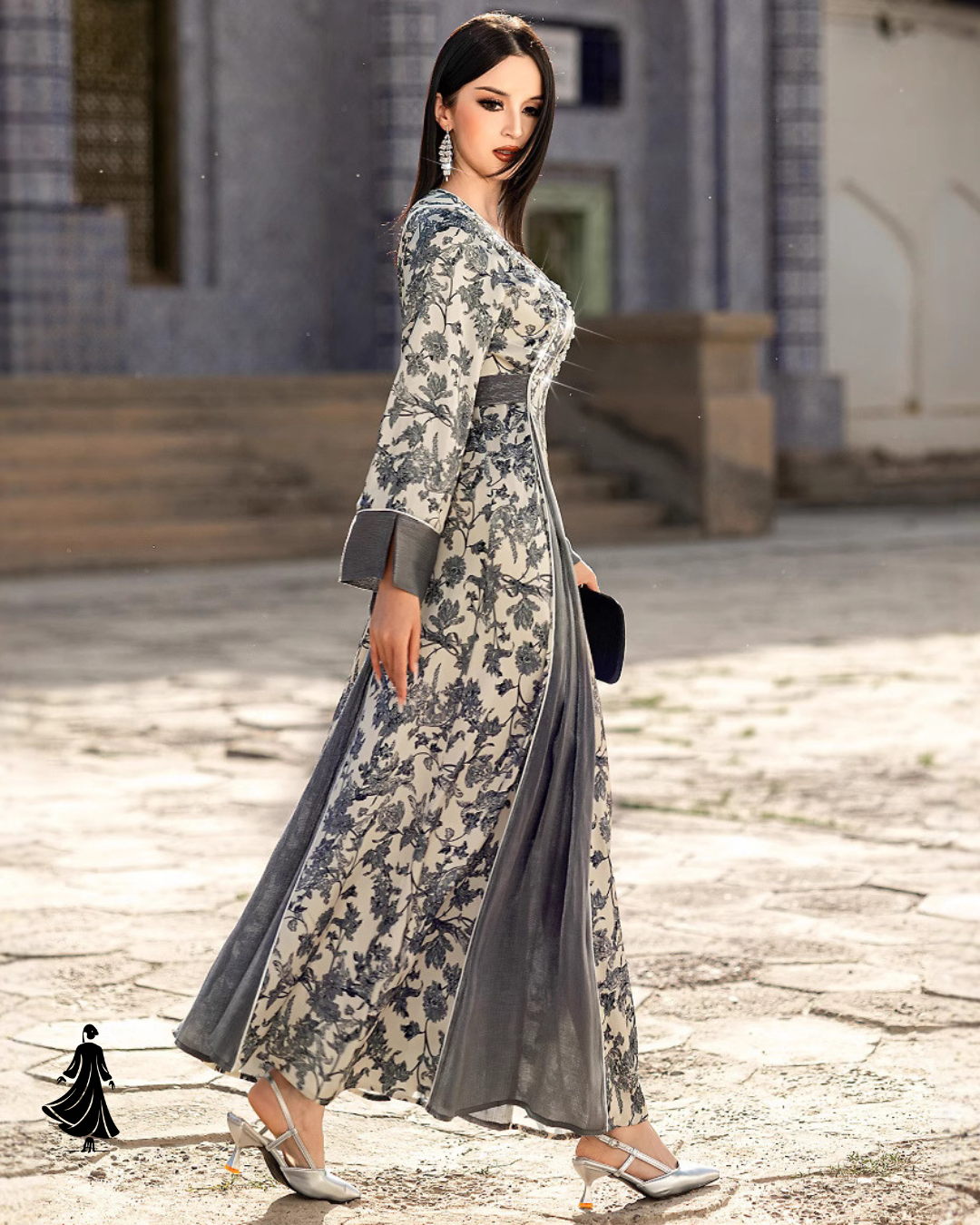 Lovely V‑Neck Satin Printed Muslim Dress – Chic & Sweet
