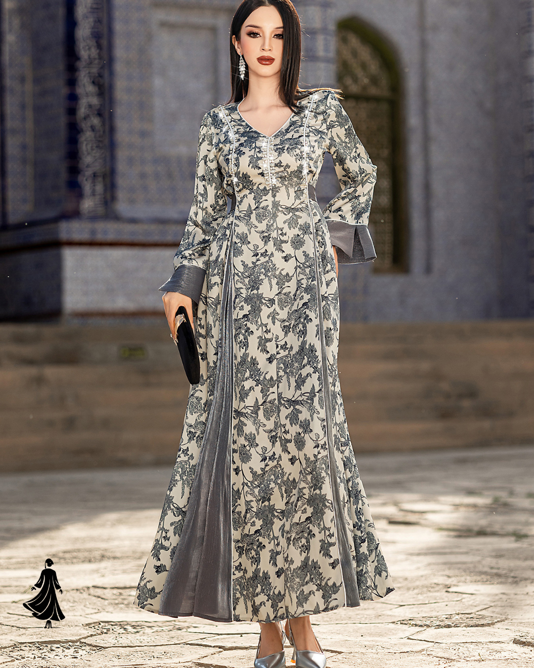 Lovely V‑Neck Satin Printed Muslim Dress – Chic & Sweet