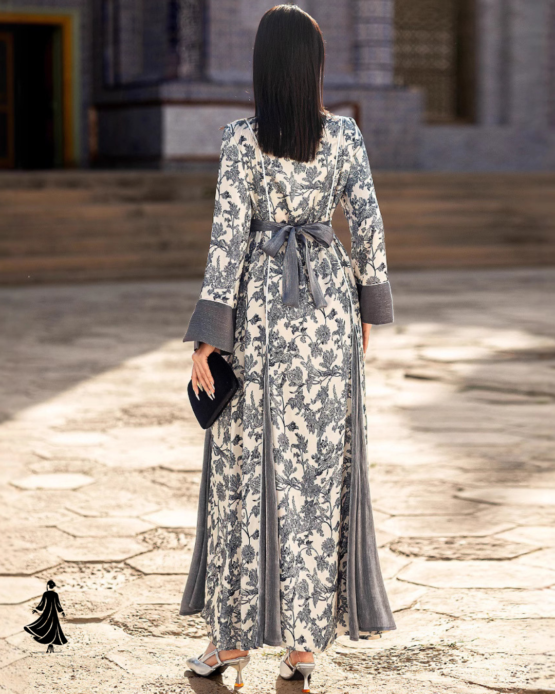 Lovely V‑Neck Satin Printed Muslim Dress – Chic & Sweet