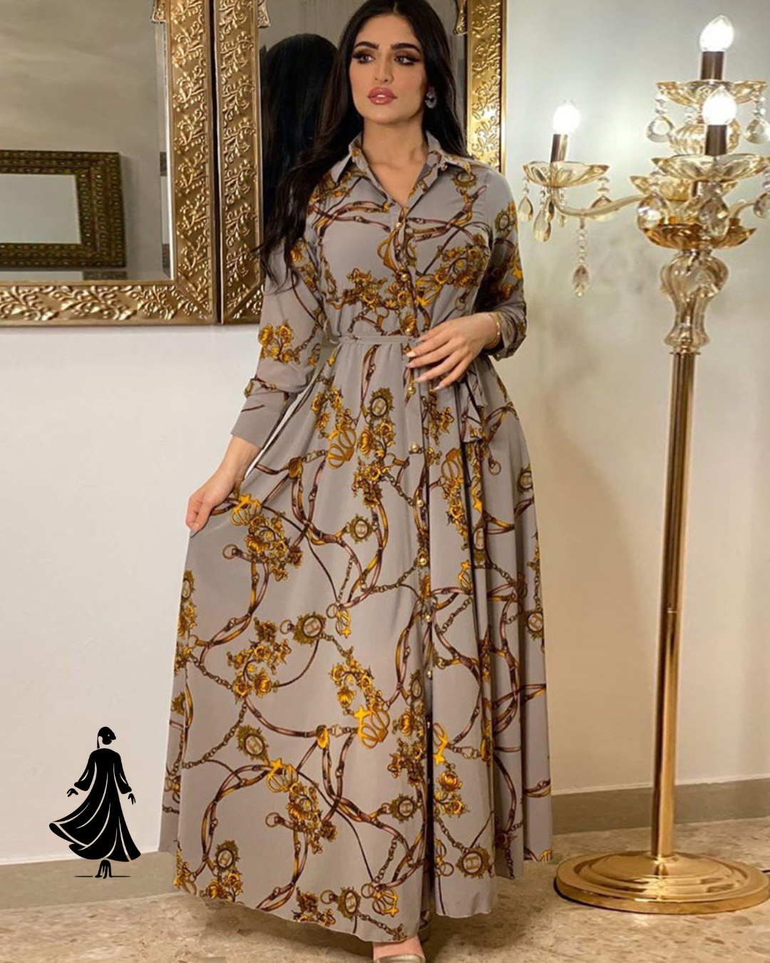 Elegant Print Lace-Up Middle Eastern Muslim Dress