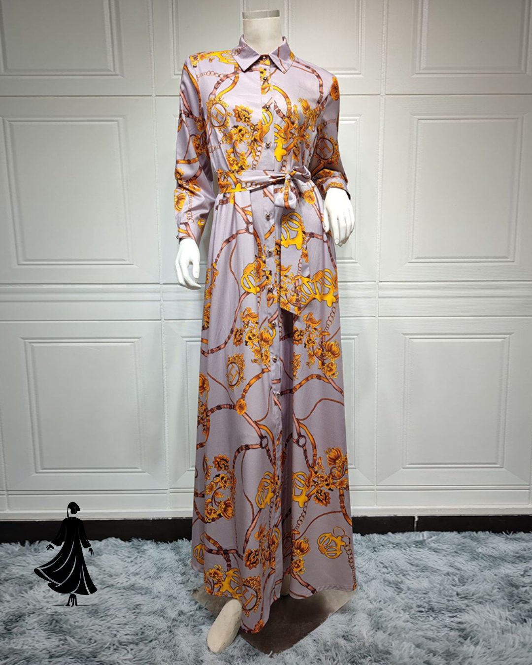 Elegant Print Lace-Up Middle Eastern Muslim Dress