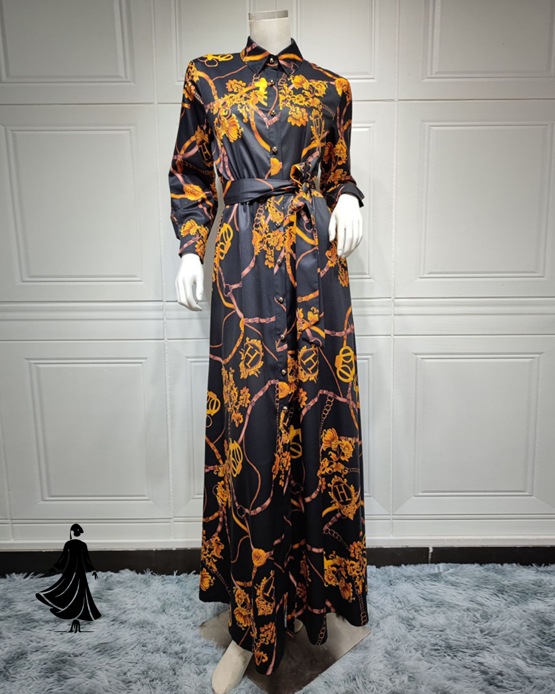Elegant Print Lace-Up Middle Eastern Muslim Dress