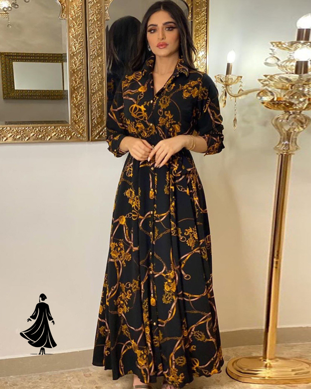 Elegant Print Lace-Up Middle Eastern Muslim Dress