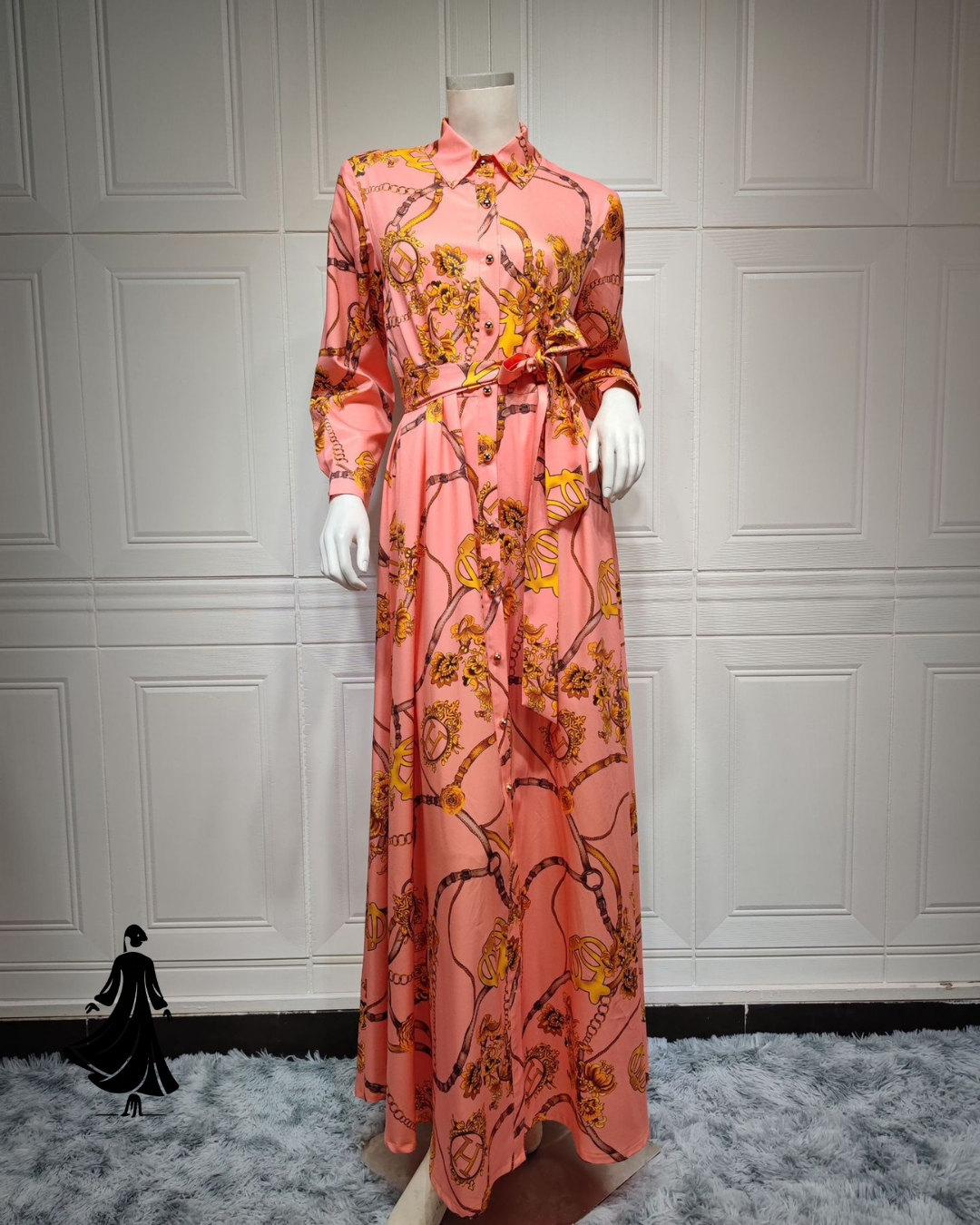 Elegant Print Lace-Up Middle Eastern Muslim Dress