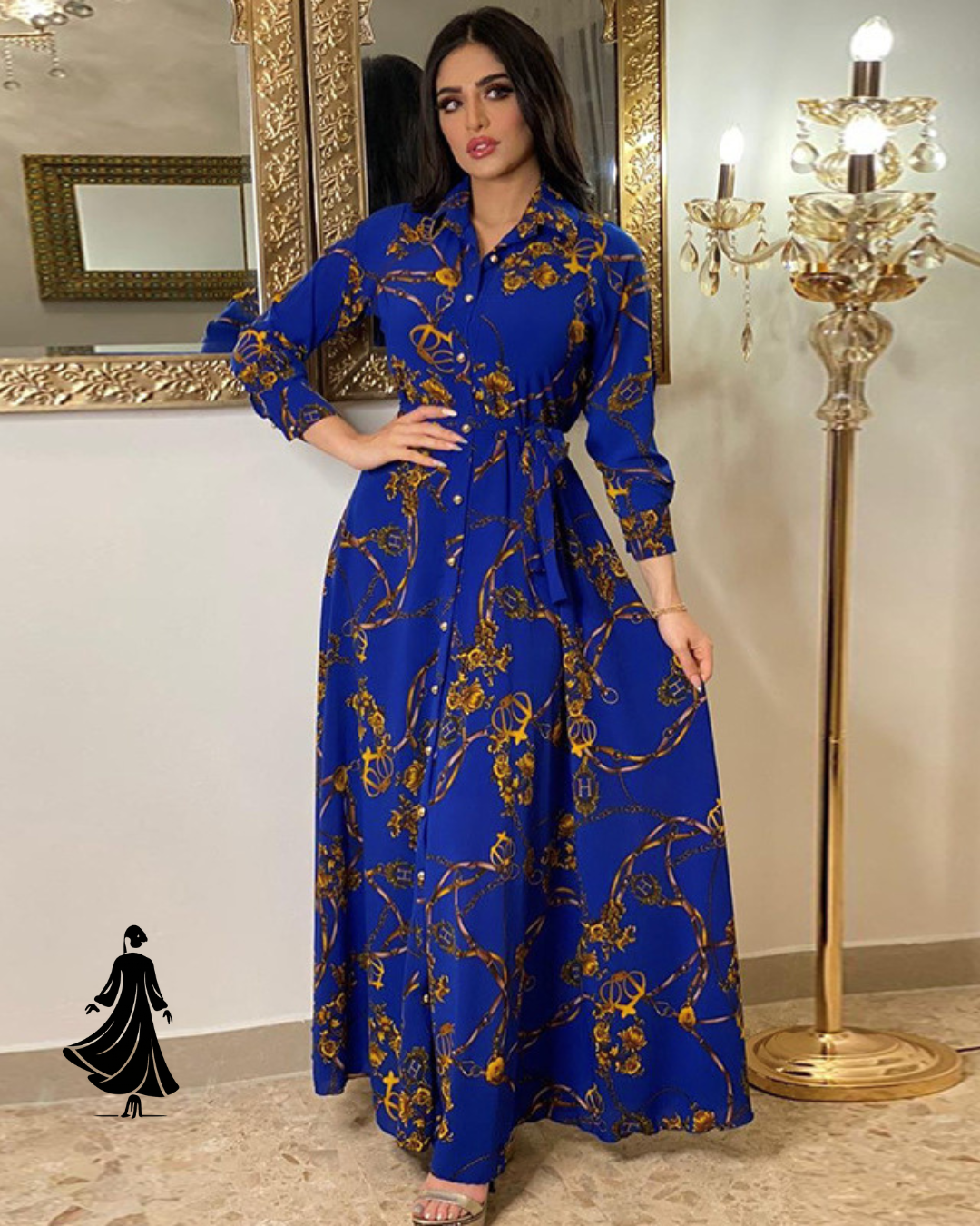 Elegant Print Lace-Up Middle Eastern Muslim Dress
